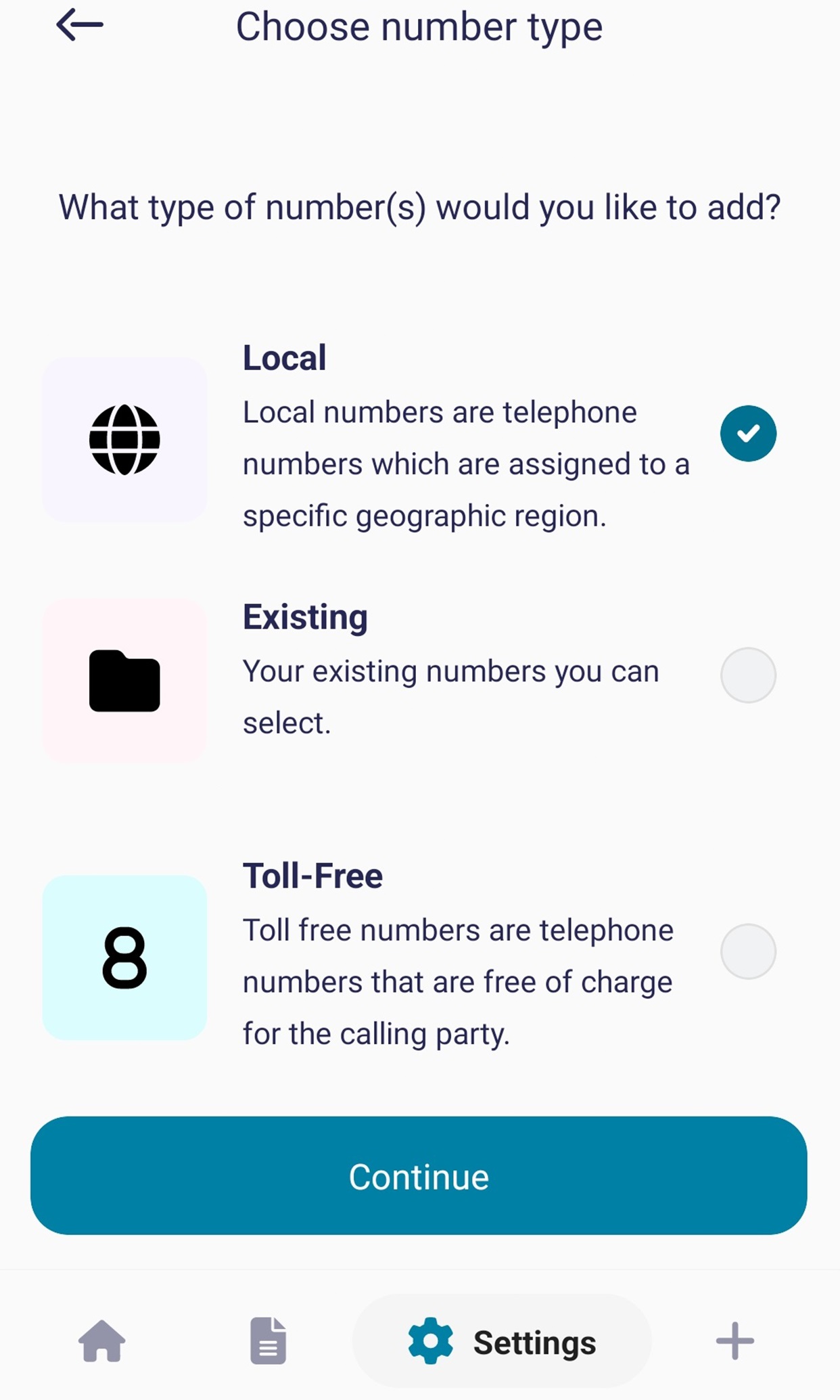 Choose number type - Fax Desk App